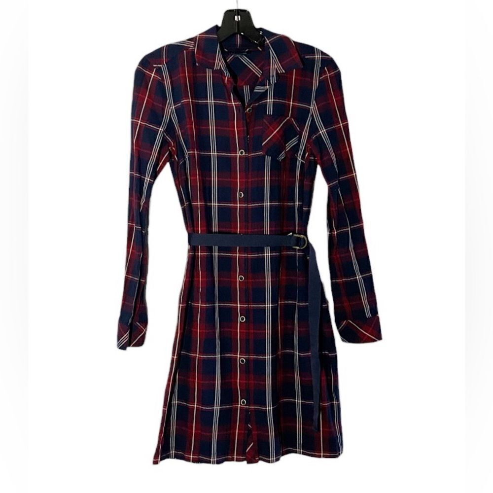 Tommy Hilfiger 100% cotton Red Navy Belted Plaid Mini Shirt Dress Size XS - Picture 1 of 9